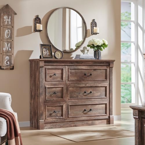 Image of Farmhouse 6 Drawers Dresser for Bedroom, 48 inch Wide Large Dressers & Chests of Drawers w /Roman Column, Storage Dressers Organizer for Bedroom, Hallway, Living Room, Light Brown