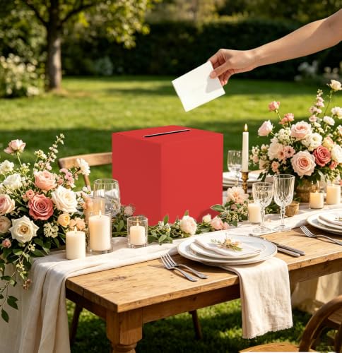 Image of SietDESEO Red Card Box with Slot Money Gift Card Box Holder for Party Wedding Reception Birthday Graduation Bridal Shower Baby Shower Diaper Raffle Box