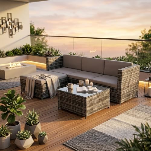 Image of Alivio 4 Seater Rattan Corner Sofa Set, 3 Piece PE Rattan Garden Furniture Set with Coffee Table & Anti-UV Cushions for Indoor Outdoor Patio (Grey)