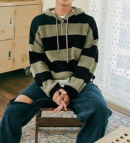 YEMOCILE Men's Striped Knit Pullover Hoodie Button Henley Side Slit Long Sleeve Drawstring Preppy Hooded Sweater2