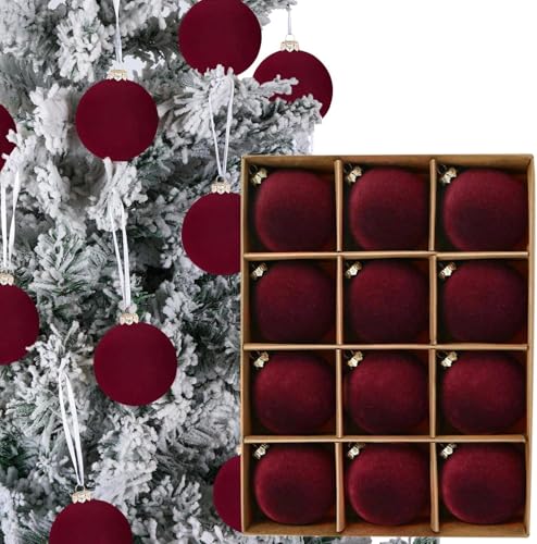 12PCS Christmas Tree Ornaments Velvet Balls 2.4Inch Velvet Christmas Ornaments Hanging Ball Decoration Flocked Shatterproof Xmas Bulbs Decorations for Wedding Christmas Party (Burgundy)
