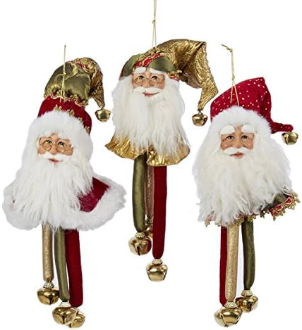Kurt Adler Red, Green And Gold Santa Head With Bells Ornament Set OF 3