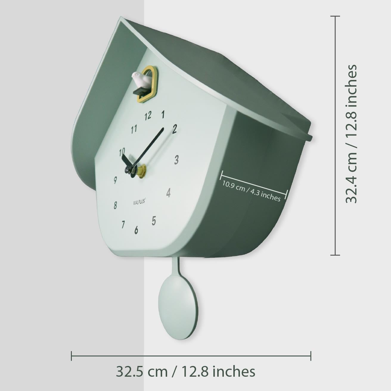 WALPLUS Horloge coucou vert menthe pastel 32,5 cm avec pendule amovible, motif nichoir à oiseaux, coucou blanc.
