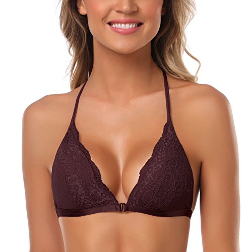 Image of SHEKINI Women's Embroidered Triangle Bra Front Closure Plunge Wireless Lightly Lined Lace Bralette Top
