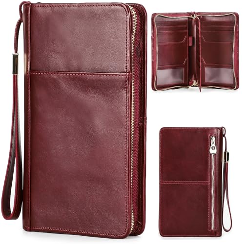 CataPurus Top Grain Leather Travel Passport Wallet Holder for Man & Woman, Handmade with Three-Layer for 4 Passports & Multi Cards, RFID Blocking Large Capacity for Cards/Passports/Tickets, Burgundy