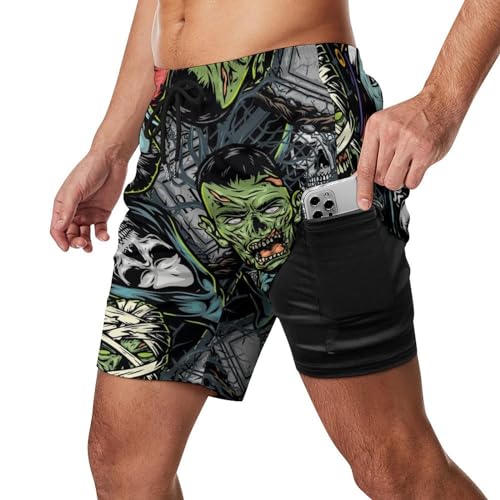 Mens Swim Trunks with Compression Liner, Halloween Horror Printed Board Shorts2