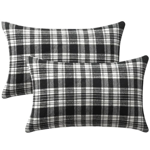 Image of MIULEE Halloween Plaid Pillow Covers Scottish Tartan 12x20 Black and White | Set of 2 Fall Decorations Lumbar Cushion Covers, Farmhouse Winter Home Decor, for Thanksgiving Sofa Couch Bed Living Room