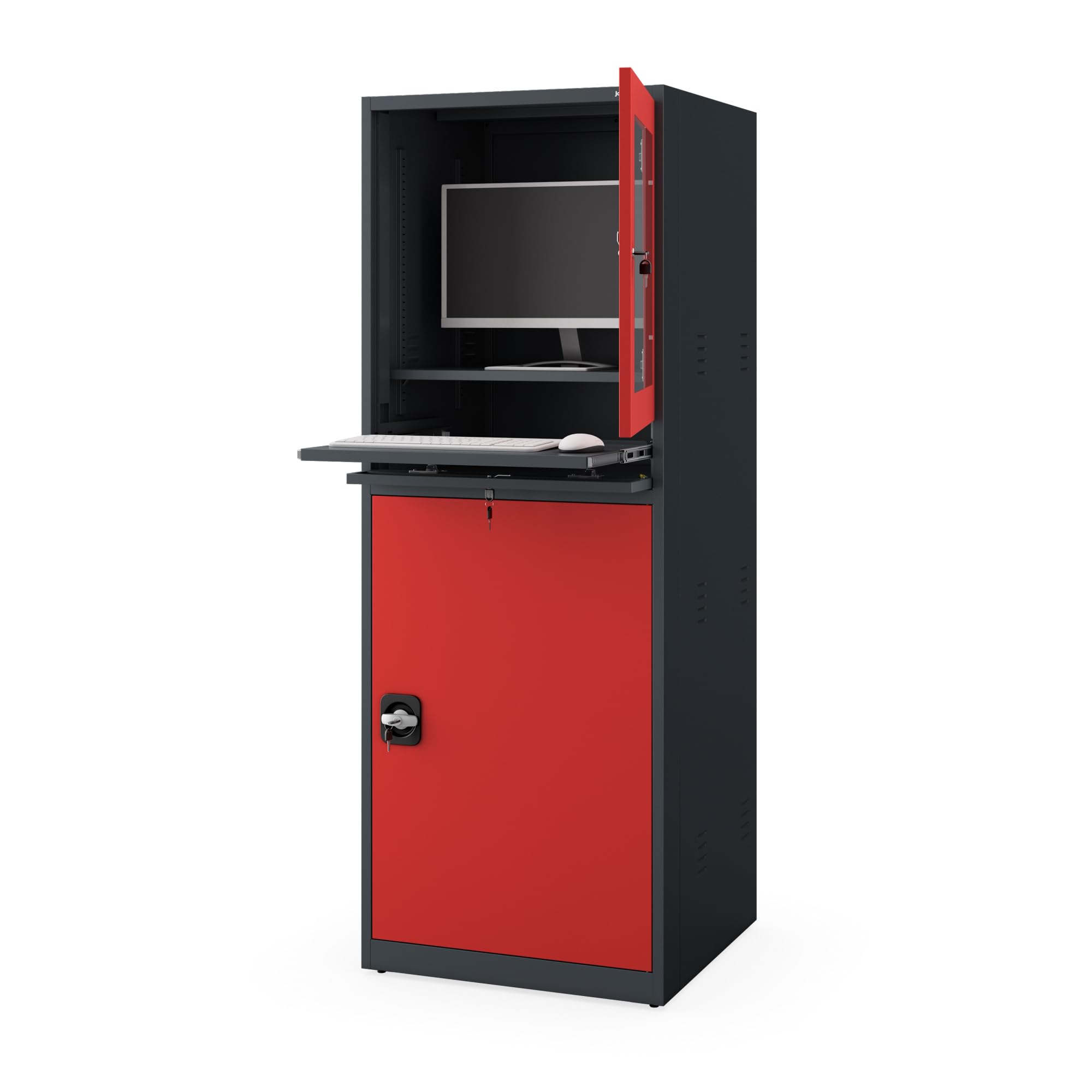 Jan Nowak Poste de Travail Informatique Armoire PC Armoire Informatique avec tiroir pour Atelier Entrepôt Métal 175 cm x 64 cm x 63 cm (Anthracite-Rouge)