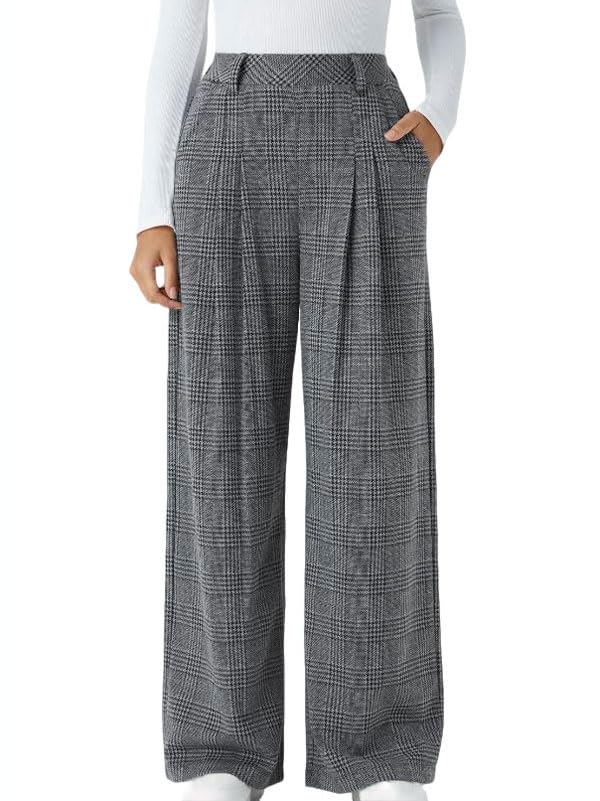 utcoco Womens Plaid High Waisted Wide Leg Pants Pleated Casual Office Trousers with Pockets