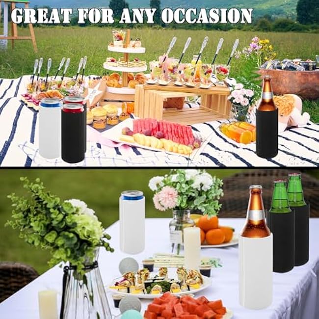 12pack Slim Can Cooler Sleeves, Insulated 12 oz Skinny Tall Beer Coke Cola Soda Drink Bottle Can Coolers, Nonslip Neoprene Collapsible Sublimation Blank Cold Cans Cooler Holder Sleeve (Black)