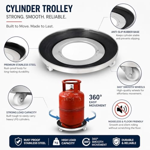 Image of Gas Cylinder Trolley with Wheel | LPG Stainless Steel Cylinder Stand with Rubber Protection for Daiy Kitchen Use | 4 Plastic Wheels Easily Movable Trolley