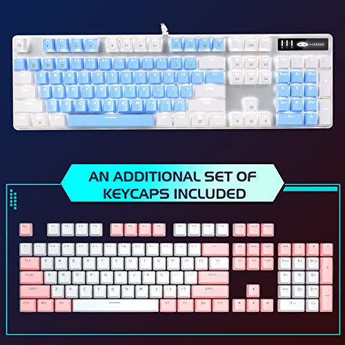 Image of MageGee Mechanical Gaming Keyboard, 104 Keys White Backlit Mechanical Keyboards with Red Switches & Double-Shot Keycaps, Wired Ergonomic Computer Keyboard for Desktop, PC Gamers (White & Blue)