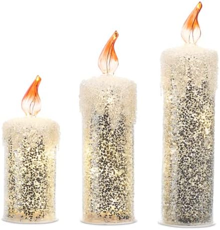 RAZ Imports Lighted Silver Glitter Candle, 11.5-inch Height, Glass, Set of 3, Christmas, Home Décor
