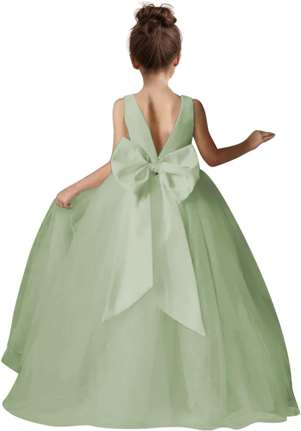 Flower Girls Dress for Wedding Satin Tulle Pageant Formal Communion Dress Pearls Prom Ball Gown with Bow-Knot