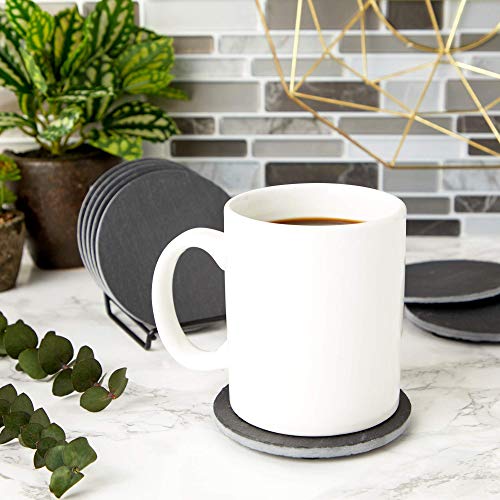 Round Black Slate Coasters With Rack (4 Inches, 9 Pieces) #TOP5