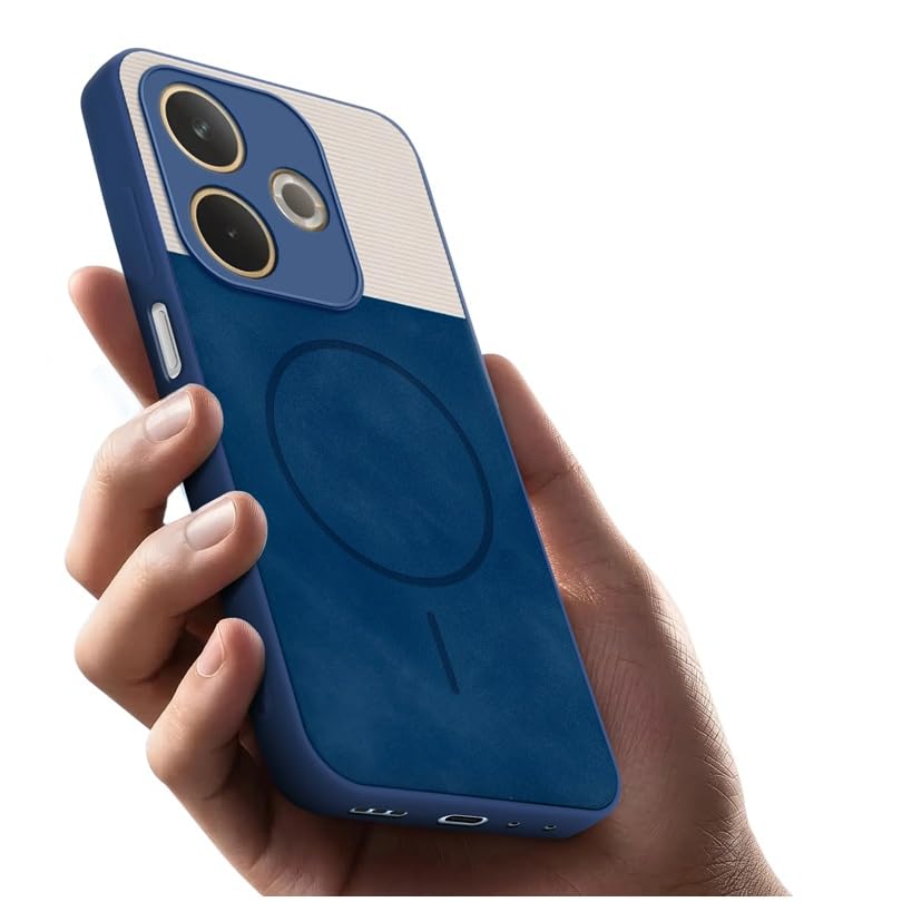 Image of Bintage CASE Mac Safe Design Hard Light Weight Back Case | Soft Border Camera Protect | Dual PU Leather Finish Back Cover Compatible for Oppo A5 Pro 5G - White & Blue