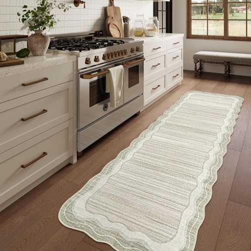 Lahome Scalloped Washable Bathroom Runner Rug,Beige 2'6