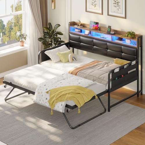 VIAGDO Daybed with Trundle, Twin Day Bed with Upholstered Headboard and Charging Station, Metal Day Bed Frame with Storage and LED Lights, Twin to King Daybed for Living Room, Bedroom, Black
