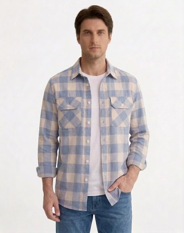 Image of DEELMO Men's Stylish Cotton Blend Casual Chakes Shirt || Full Sleeve Shirt with Dual Flap Pockets Fabric || Perfect for Casual and Classic Fit & Style || Stylish Everyday Wear