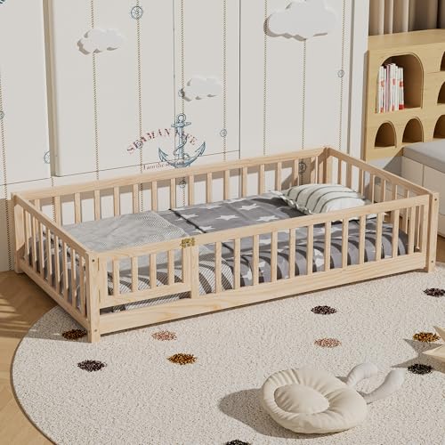 i-POOK Twin Montessori Floor Bed with Fence & Door