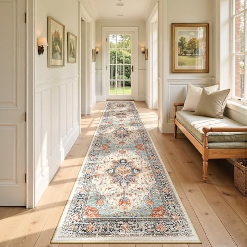 RELEANY Washable Area Rug, Runner 2'x9', Beige/Blue/Orange