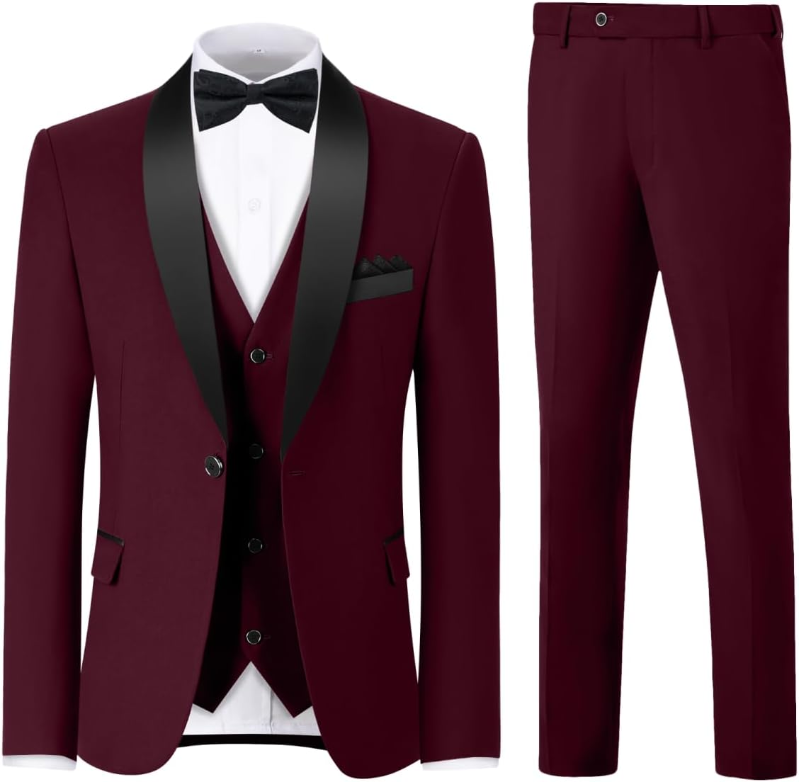 Men's 3 Piece Slim Fit Suit One Button Shawl Lapel Jacket Vest Pants Tuxedo Set with Bow Tie Pocket Square