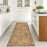Farmhouse Kitchen Runners Rug 2x6, Washable Medallion Rug for Bathroom, Hallway, Entryway Indoor, Abstract Vintage Indoor Décor, Non Slip Rubber Backing, Stain Resistant Carpet (Gold Brown)