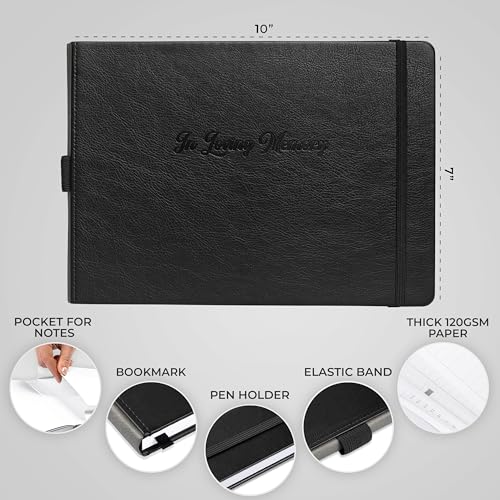 Image of Skyline Funeral Guest Book, Sign In Name & Address, Hardcover Black | 10 inchx7 inch, Elegant sign-in guestbook for memorial service & celebration of life with large signature space, Memory book