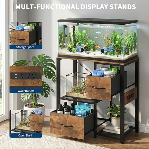 Image of Garvee 20-29 Gallon Fish Tank Stand with Power Outlets, Heavy Duty Metal and Wood Aquarium Stand with 4-Tier Open Storage Shelves and Sturdy Legs