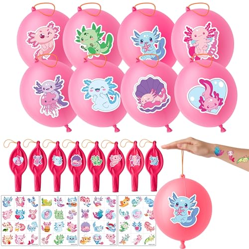 72 PCS Axolotl Party Favors – 48 Pre-Cut Temporary Tattoos & 24 Pink Cute Animals Axolotl Punch Balloons Birthday Party Decorations Supplies Favors Gift Goodie Bag Fillers Classroom Rewards Boys Girls