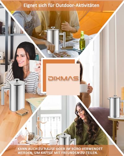 Dixmas French Press 1000 ml / 8 Tassen, Kaffeebereiter aus Edelstahl, doppelwandig isoliert, Kaffeepresse mit Ersatzfilter - 1 Liter