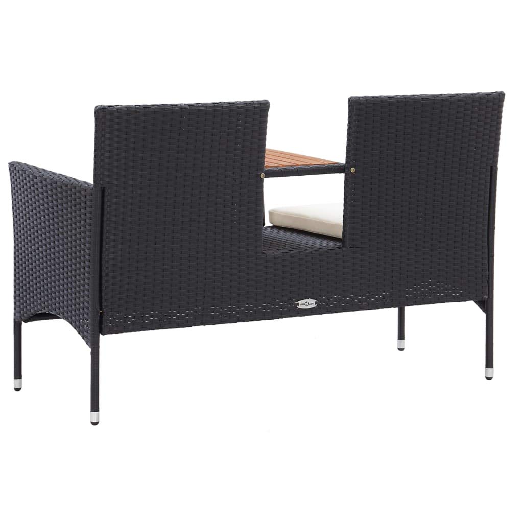 2-Sitzer Gartenbank mit Teetisch 143 cm Poly Rattan Schwarz Sitzbank mit integriertem Tisch und Sitzkissen für Balkon Terrasse Garten Lounge-Bank Zweisitzer Akazienholz