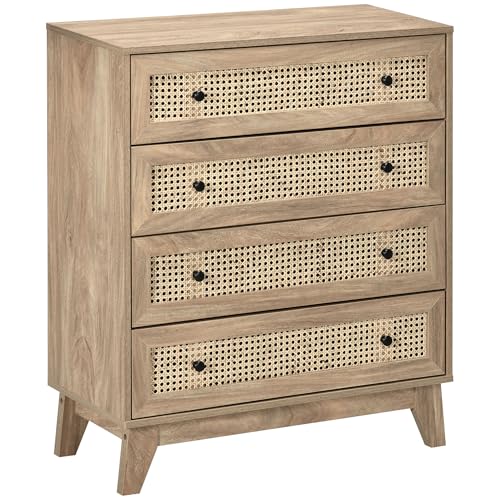 HOMCOM Commode 4 tiroirs Meuble de Rangement cannage en rotin 80 x 35 x 95 cm Aspect Bois Clair