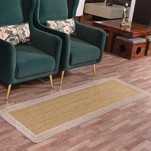 Image of voyzz home 2.6 x 6-feet Rectangular, Premium Natural Jute Braided Runner Area Rug, White Printed Border, Natural Handmade Rug for Entryways, Kitchen, Living Room, Bedroom, Farmhouse, Vintage Decor