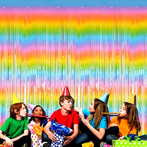 Image of 4 Pack Macaron Rainbow Foil Fringe Curtain Backdrop, 3.28Ft x 8.2Ft Metallic Tinsel Foil Fringe Streamer Curtains for Photo Booth, Birthday, Wedding, New Year's, Easter Decorations Party Supplies