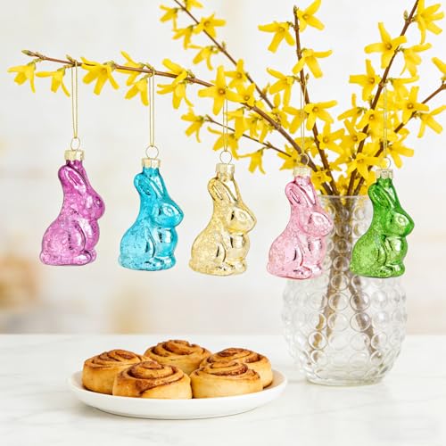 Detene 15 Stück Set Suspension Osterhase aus Glas - Bunte Osteranhänger Ostern Deko mit Hängeband Indoor Osterschmuck hängend zum Aufhängen