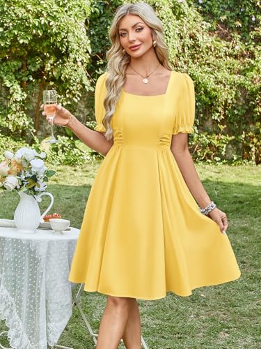 Image of Belle Poque Women's Vintage Midi Cottagecore Cocktail Dresses | Belle Poque Women's Vintage Cottage Core Dress,A-line,Midi,Square Neck,Homecoming Dress,Cocktail Dress,Sun Dress