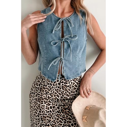 HOXIJIA Women Bow Tie Crop Denim Vest Casual Crew Neck Sleeveless Open Front Baggy Tank Top Summer Slim Fit Jean Waistcoat2