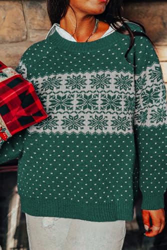 Women's Green Christmas Snowflake Dotted Print Round Neck Sweater - Cozy & Chic2