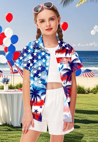 Image of Remimi Unisex Kids 4th of July Button Up Shirt Boys American Flag Print Hawaiian Beach Short Sleeve Tops 5-14 Years