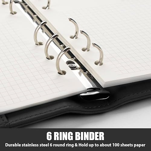 Miniatura 4 de Sooez Carpeta para cuaderno A6, planificador de 6 anillos con diseño elegante, organizador personal de hojas sueltas para papel de relleno A6,
