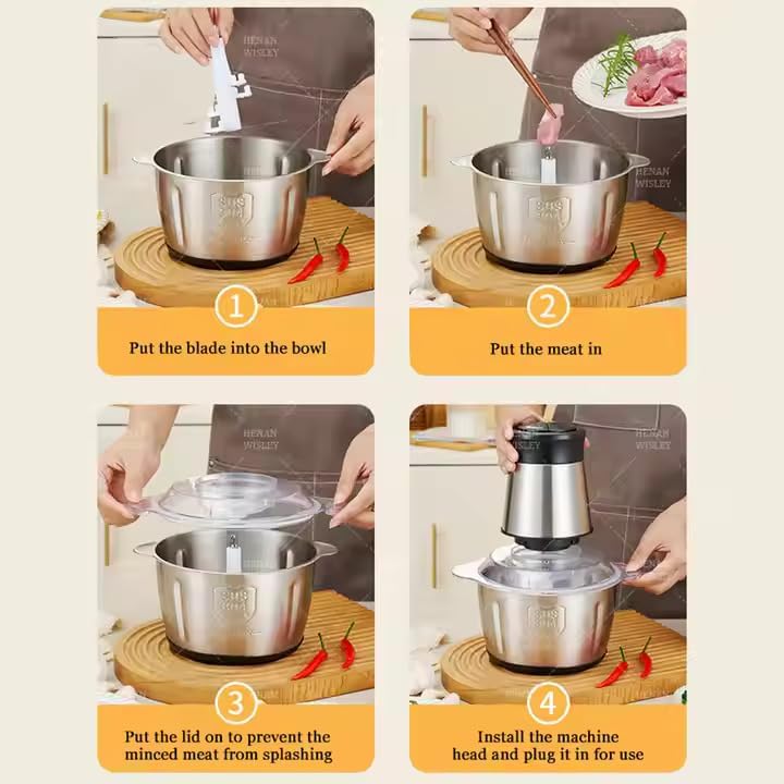 Image of Electric Meat Grinder 2L Stainless Steel Electric Meat Chopper Food Processor Machine for Meat, Vegetables, Fruits and Nuts Fruit Mixer Nuts Grinder Blender Fillings Maker