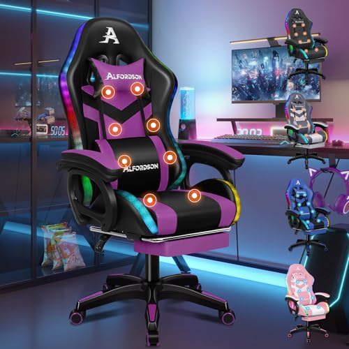 ALFORDSON LED Chaise Gaming, Siege Gamer avec Massage 8 Points, Fauteuil de Gaming Pivotant Ergonomique avec Éclairage RVB avec Support Lombaire et...