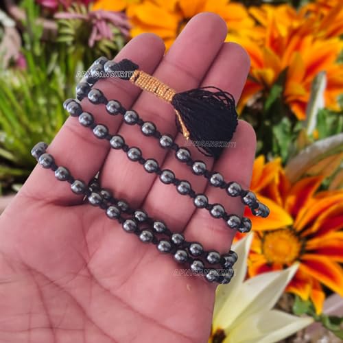 Image of Apnisanskriti Premium Haematite Stone Mala for Men and Women (6mm, AAA Quality, Lab Certified, 108+1) - Natural Stone Beads Mala - Opaque Black Colour - Pack of 1