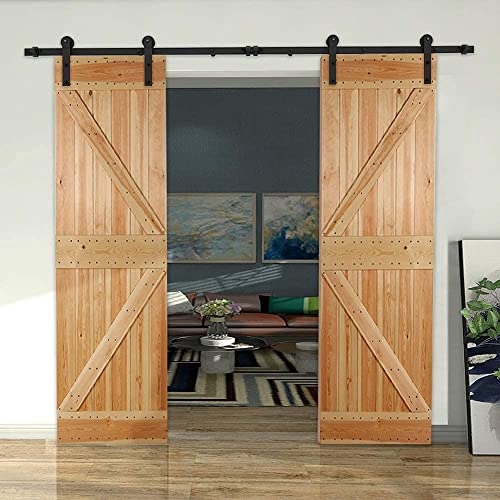 Image of CCJH 8.2FT Sliding Barn Door Hardware Kit, Heavy Duty, Smoothly and Silently, Easy to Install, Fit 24.6 inch Width Double Door Panel, I Shaped Hangers Black