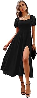 illi london Women's A-line Sweetheart Neck with Leg Spilt Cut and Puff Sleeve Dress-picture-29