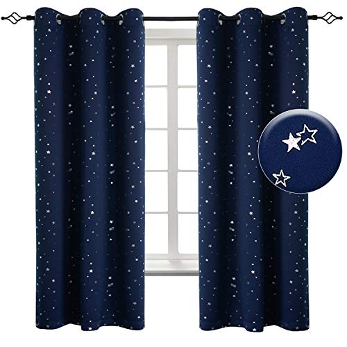 BGment Kids Blackout Curtains for Bedroom - Grommet Thermal Insulated Silver Star Print Room Darkening Curtains for Living Room, Set of 2 Panels (38 x 45 Inch, Navy Blue)