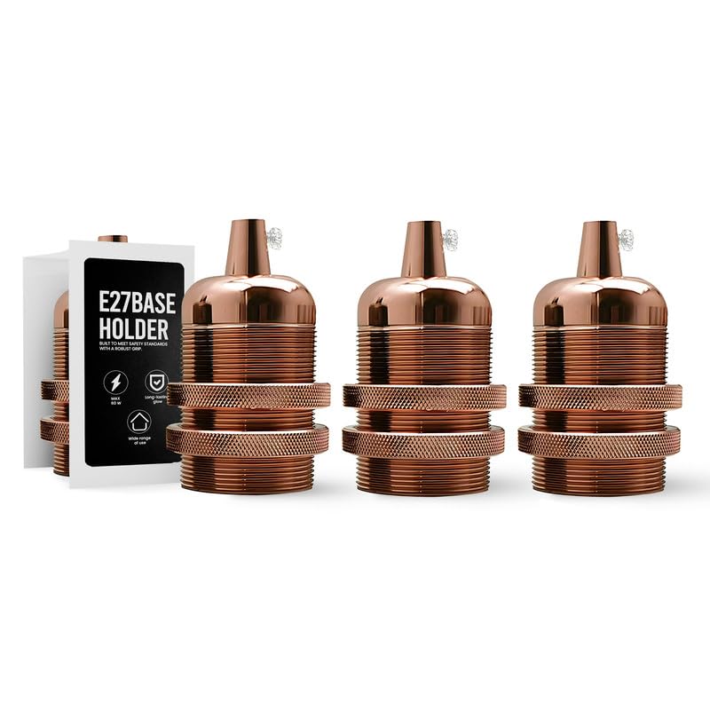 Antique Brass E27 Lamp Holder Vintage Metal Bulb Socket Industrial Edison Screw Pendant Light Fitting Rose Gold Finish Retro Ceiling Lamp Base with Cord Grip UK 240V