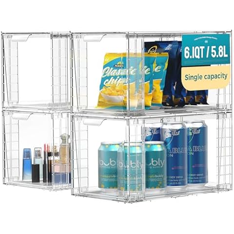 oylik 4 Pack Stackable Storage Drawers,Large Acrylic Drawer Organizers with Handles, Clear Storage Bins for Kitchen Pantry, Undersink, Bathroom, Cabinet, Makeup (Total Capacity 12.2QT) Cover