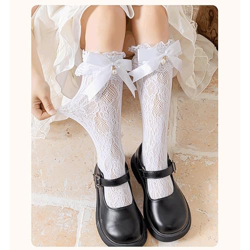 Girls Knee Length Socks for 3-10T, Lovely Bowknot Decors Pearl Socks for Stage Performances and Parties4